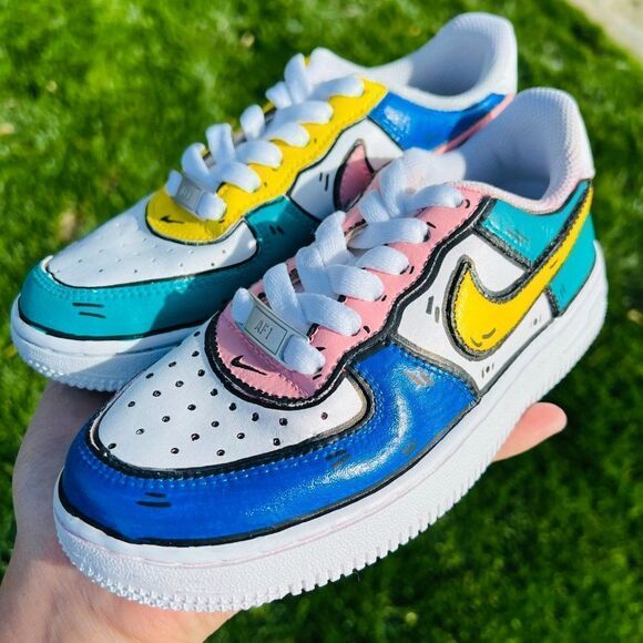 NIKE Air Force 1 Kid's Unisex Custom Color Block Pop Art Cartoon Sneakers NWB - Picture 2 of 6
